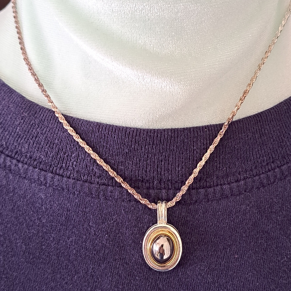 Gold Tone and Hematite Pendant on Gold Plated .925 Silver Necklace